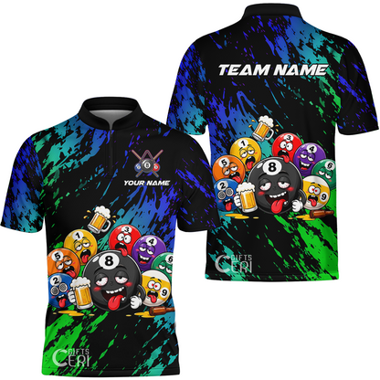 Customized 8 And 9 Ball Pool Stand Collar Quarter-Zip Short Sleeve Drunk 8 Ball Holding Beer Billiard Jerseys Custom Name And Team Name