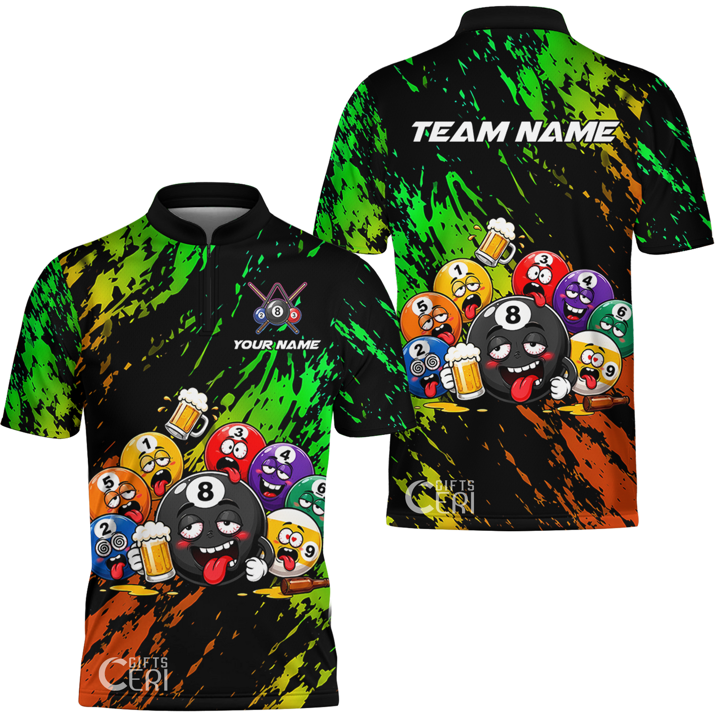 Customized 8 And 9 Ball Pool Stand Collar Quarter-Zip Short Sleeve Drunk 8 Ball Holding Beer Billiard Jerseys Custom Name And Team Name