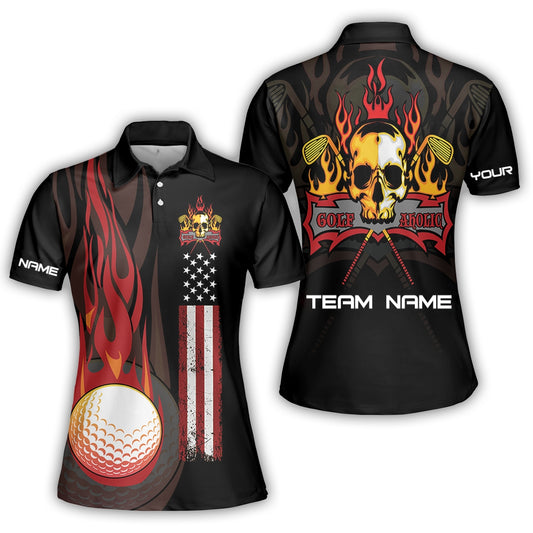 Golf Women Polo Shirt - Flame Skull Golf Ball American Flag Custom Name Apparel - Personalized Gift For Golf Lover, Team, Husband, Men, Patriotic