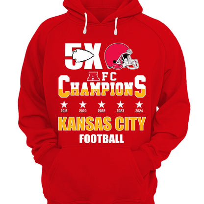 Kansas City Football 2024-2025 5x AFC Champions T-Shirt, The American Football 5x Champs Apparel For Kansas City Football Fans
