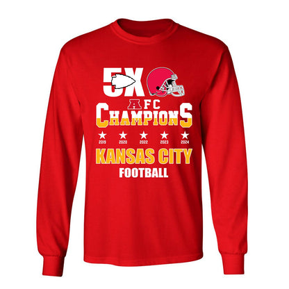 Kansas City Football 2024-2025 5x AFC Champions T-Shirt, The American Football 5x Champs Apparel For Kansas City Football Fans