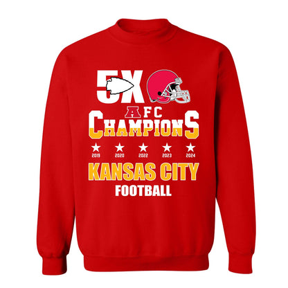 Kansas City Football 2024-2025 5x AFC Champions T-Shirt, The American Football 5x Champs Apparel For Kansas City Football Fans