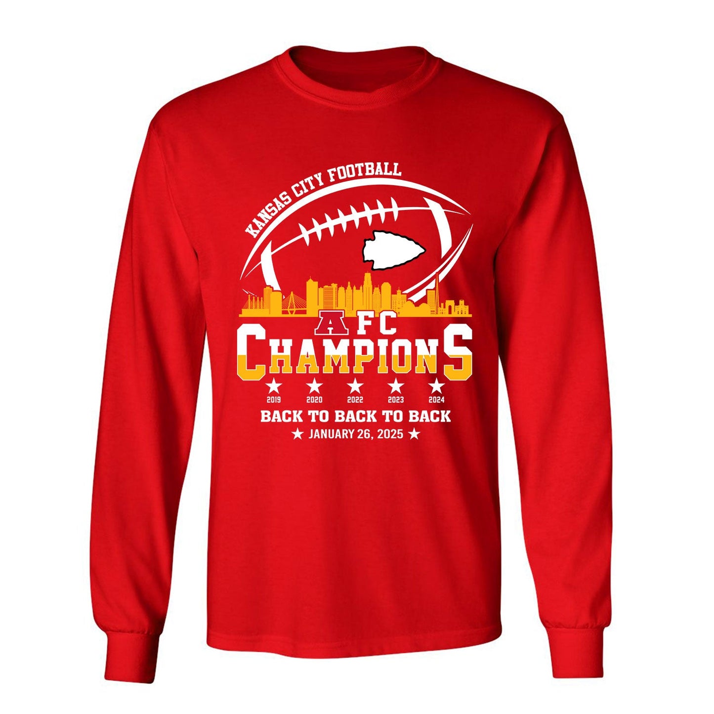 Kansas City Football 2024-2025 AFC Champions Long Sleeve Shirts Skyline, The American Football Champs Apparel For Kansas City Football Fans