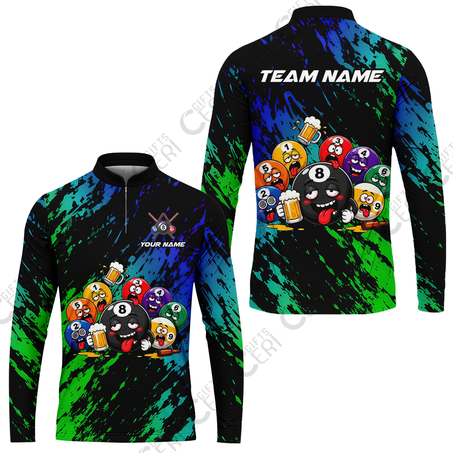 Customized 8 And 9 Ball Pool Stand Collar Quarter-Zip Long Sleeve Drunk 8 Ball Holding Beer Billiard Jerseys Custom Name And Team Name