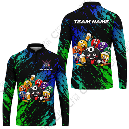 Customized 8 And 9 Ball Pool Stand Collar Quarter-Zip Long Sleeve Drunk 8 Ball Holding Beer Billiard Jerseys Custom Name And Team Name