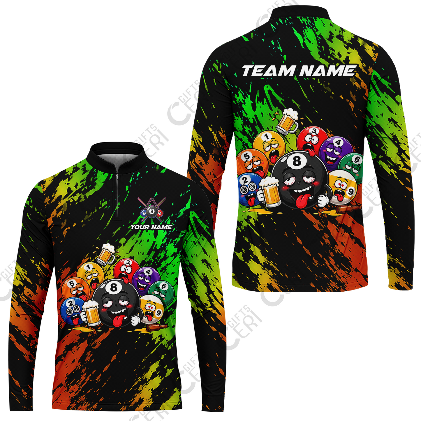 Customized 8 And 9 Ball Pool Stand Collar Quarter-Zip Long Sleeve Drunk 8 Ball Holding Beer Billiard Jerseys Custom Name And Team Name