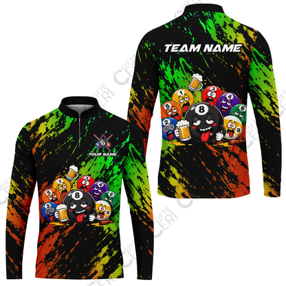 Customized 8 And 9 Ball Pool Stand Collar Quarter-Zip Long Sleeve Drunk 8 Ball Holding Beer Billiard Jerseys Custom Name And Team Name