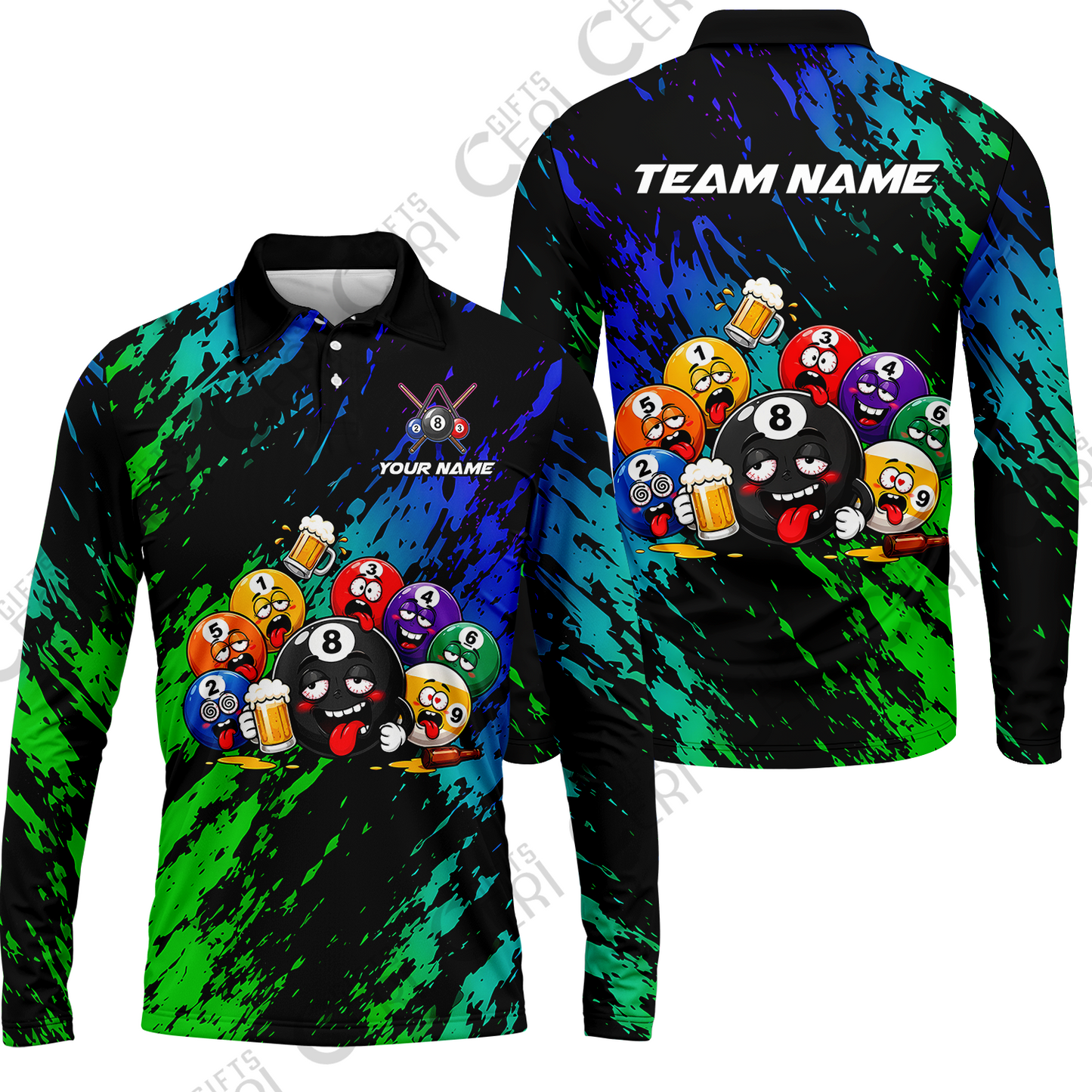 Customized 8 And 9 Ball Pool Long Sleeve Polo Shirt Drunk 8 Ball Holding Beer Billiard Jerseys Custom Name And Team Name