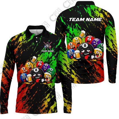 Customized 8 And 9 Ball Pool Long Sleeve Polo Shirt Drunk 8 Ball Holding Beer Billiard Jerseys Custom Name And Team Name