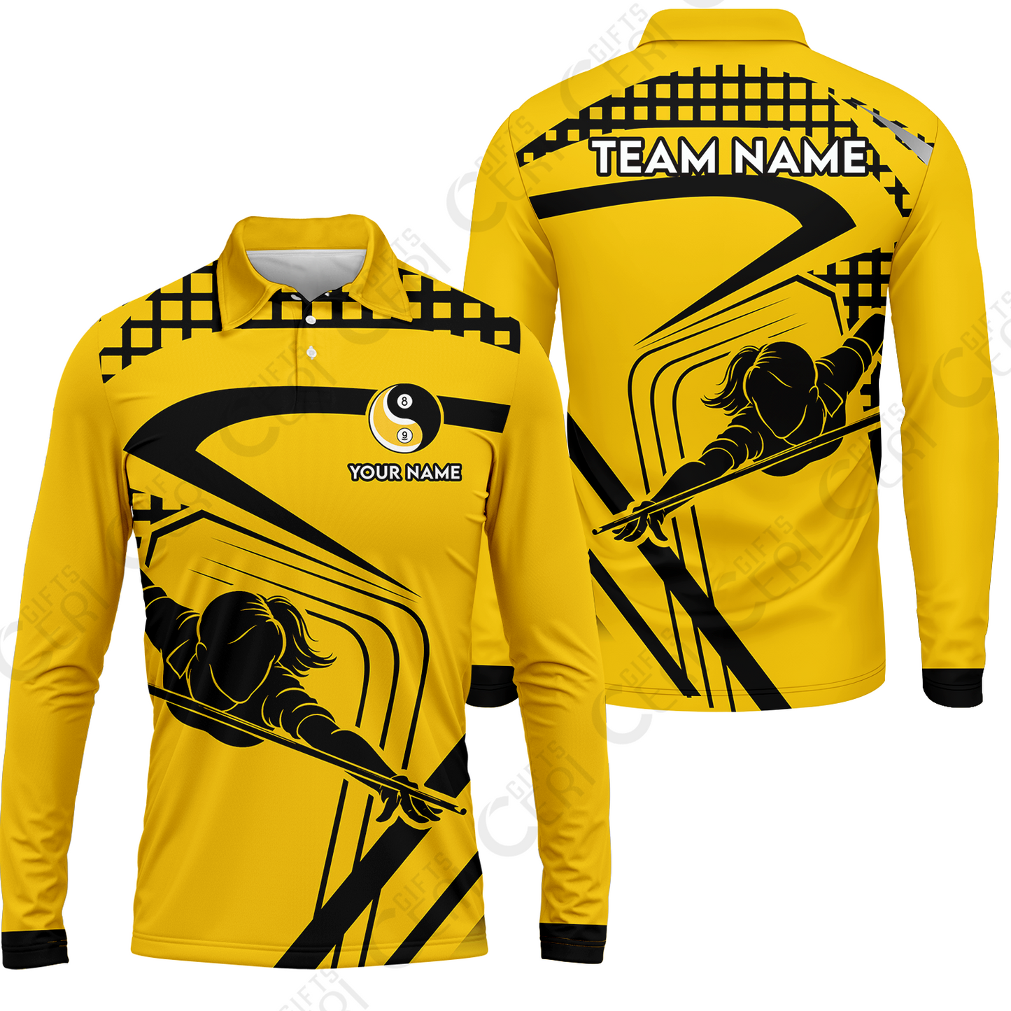 Customized Billiards Long Sleeve Polo Shirt, Personalized Yellow Slash Yin Yang 8 9 Ball Jersey Gift For Billiard Players