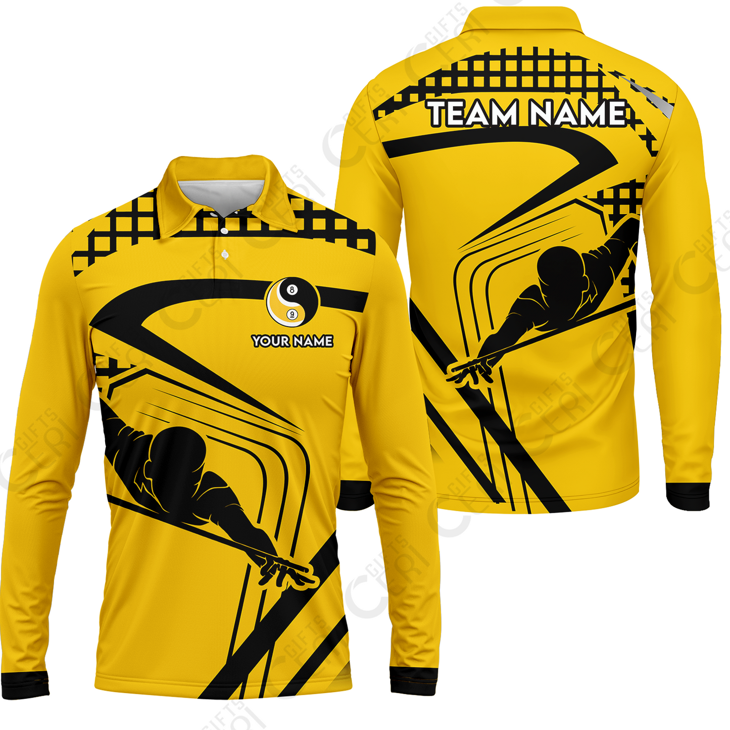 Customized Billiards Long Sleeve Polo Shirt, Personalized Yellow Slash Yin Yang 8 9 Ball Jersey Gift For Billiard Players
