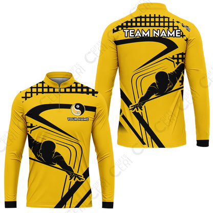 Customized Billiards Stand Collar Quarter-Zip Long Sleeve Jersey, Personalized Yellow Slash Yin Yang 8 9 Ball Jersey