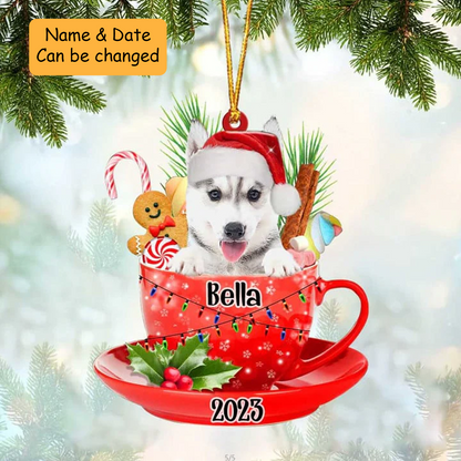 Customized Awesome Husky Dog Santa Hat In Red Cup Acrylic Ornament, Christmas Gifts Ornament for Dog Lover