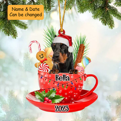 Customized Awesome Doberman Dog Santa Hat In Red Cup Acrylic Ornament, Christmas Ornament for Dog Lover