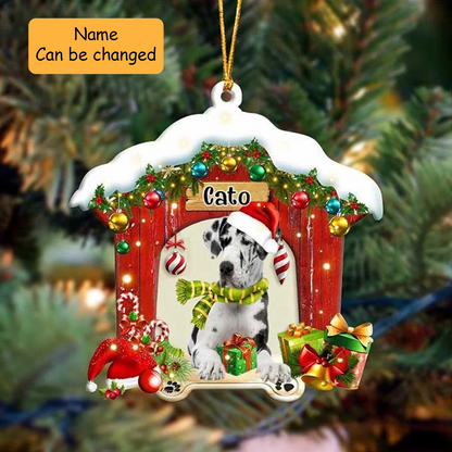 Custom Name Great Dane In Red Wood House Acrylic Ornament Christmas Gift For Dog Lovers, Dog Mom