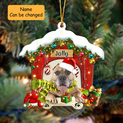 Customized Name Staffordshire Bull Terrier In Red Wood House Acrylic Ornament Christmas Gift For Dog Lovers, Dog Mom