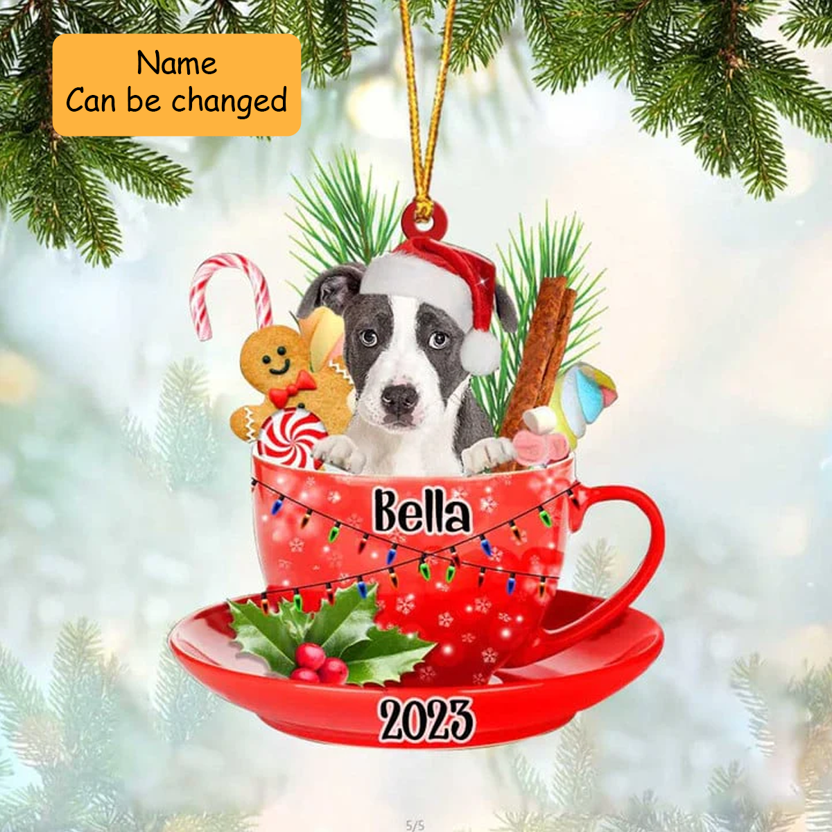 Personalized Name Awesome Pitbull Dog Santa Hat In Red Cup Acrylic Ornament, Christmas Gift Ornament for Dog Lover