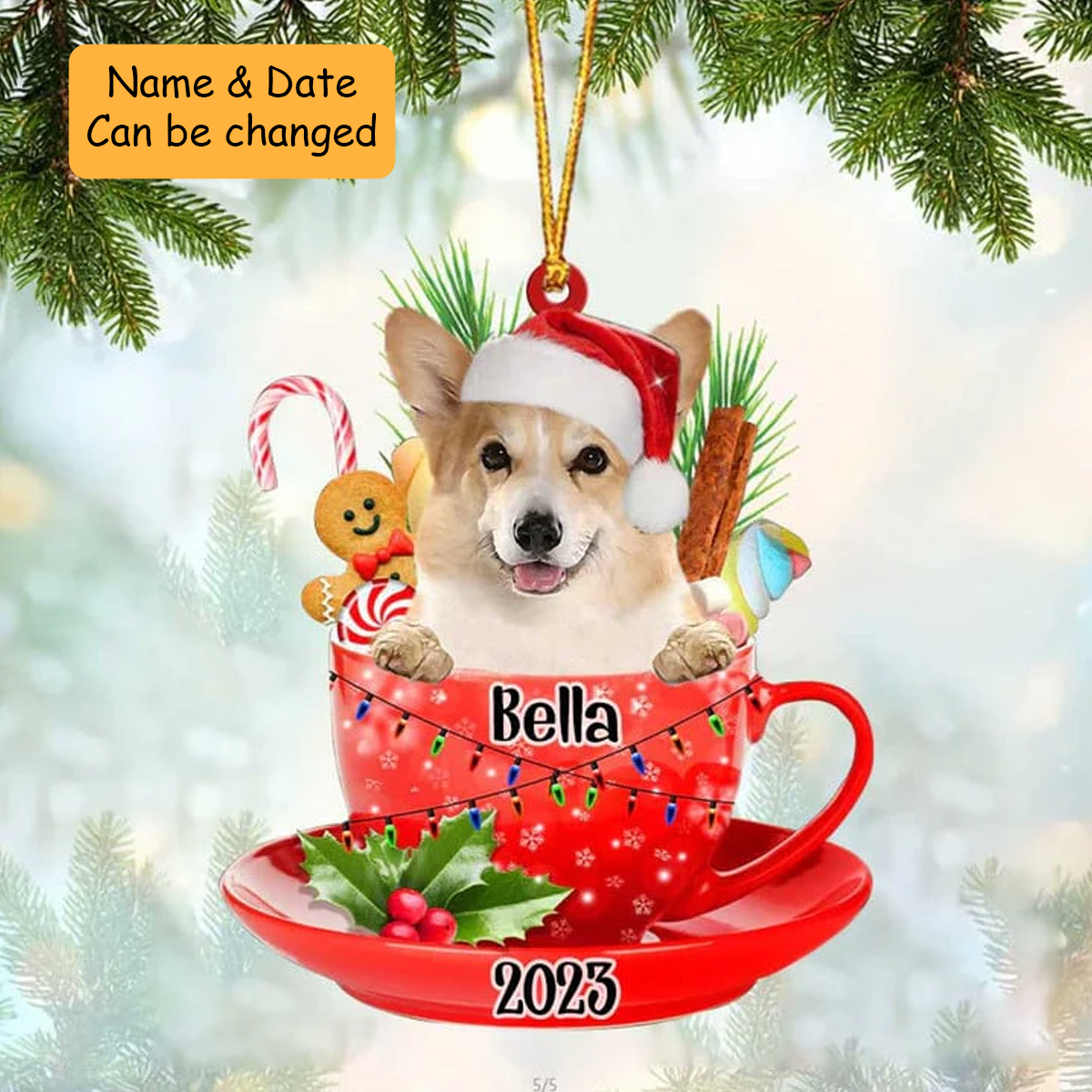 Customized Cute Corgi & Santa Hat In Red Cup Acrylic Ornament, Christmas Gifts Ornament for Dog Lover
