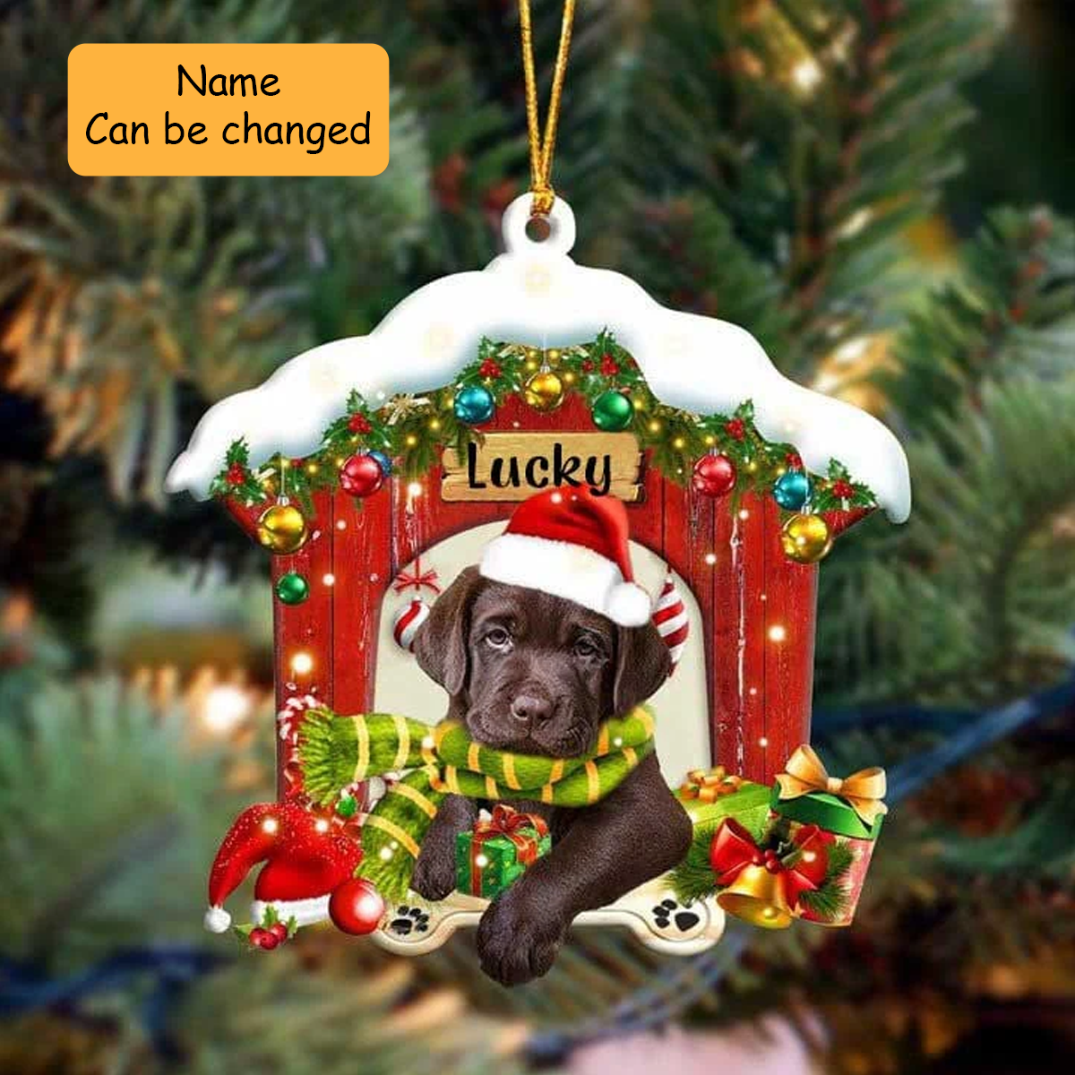 Custom Name Chocolate Labrador In Red Wood House Acrylic Ornament Christmas Gift For Dog Lovers, Dog Mom