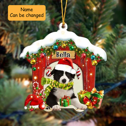 Custom Name Border Collie In Red Wood House Acrylic Ornament Christmas Gift For Dog Lovers, Dog Mom