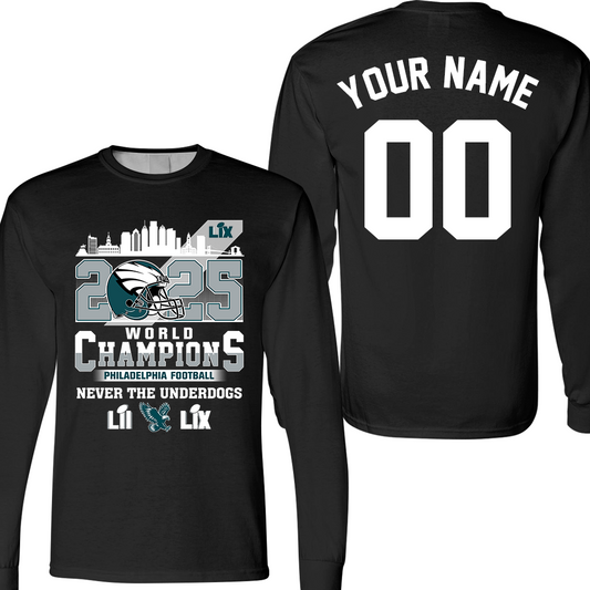 Personalized Philadelphia Football LIX 2025 World Champions Long Sleeve Shirt, World Champions 2024-2025 Philadelphia Apparel