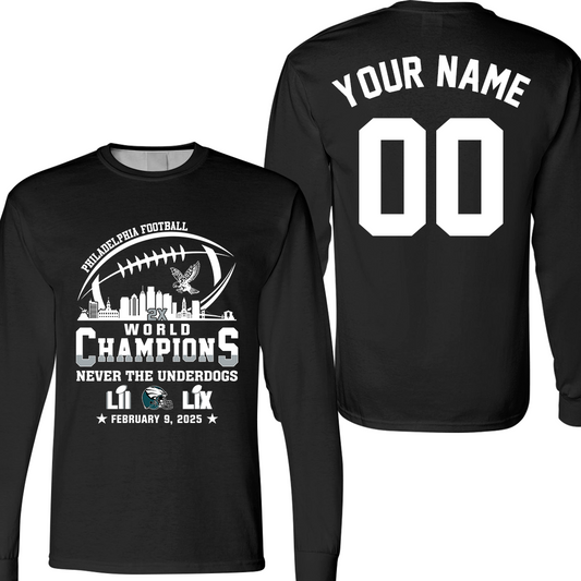 Personalized Philadelphia Football LIX 2024-2025 World Champions Long Sleeve Shirt Skyline, Super LIX Champions Philadelphia Apparel