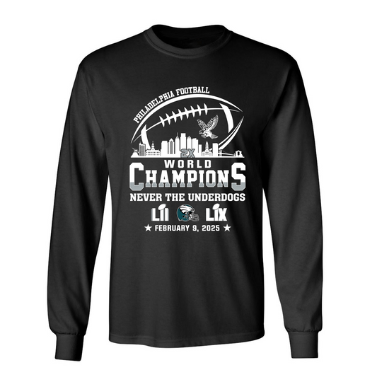Philadelphia Football LIX 2024-2025 World Champions Long Sleeve Shirt Skyline, World Champions Apparel For Philadelphia Lovers