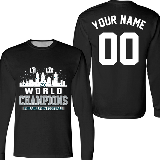 Personalized Philadelphia Football LIX 2024-2025 World Champions Long Sleeve Shirt Skyline Congrats, Super LIX Champions Apparel