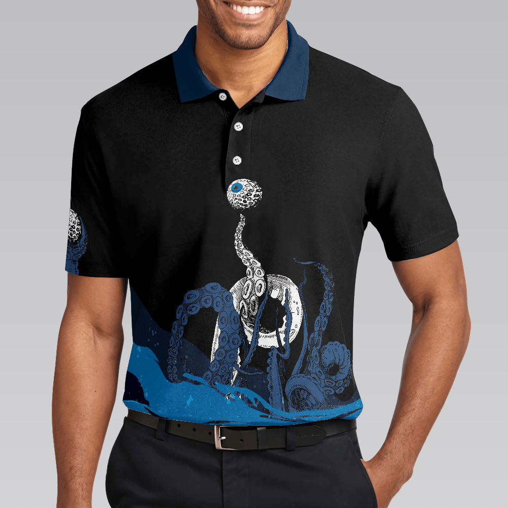 Men Golf Polo Shirt - Blue Sea Octopus Golf Polo Shirt, Eye Golf Ball, Artistic Golf Shirt For Men, Gift For Golfers, Golf Lover - Cerigifts