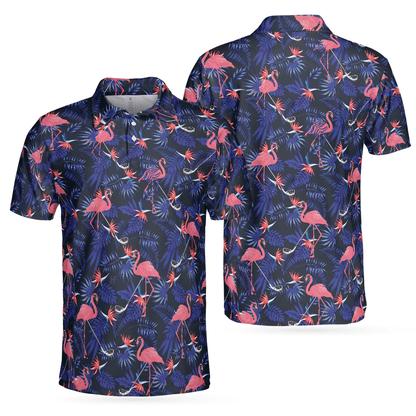 Men Golf Polo Shirt - Flower And Flamingo Golf Polo Shirt, Blue Flamingo Pattern Men Polo Shirt - Perfect Polo Shirt For Men, Golfers - Cerigifts