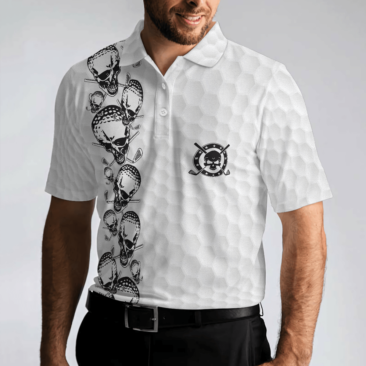 Men Golf Polo Shirt - Golfing Skull Golf Ball And Clubs, Golf Pattern Polo Shirt, Black And White Men Golf Polo Shirt - Perfect Polo Shirt For Men, Golfers - Cerigifts