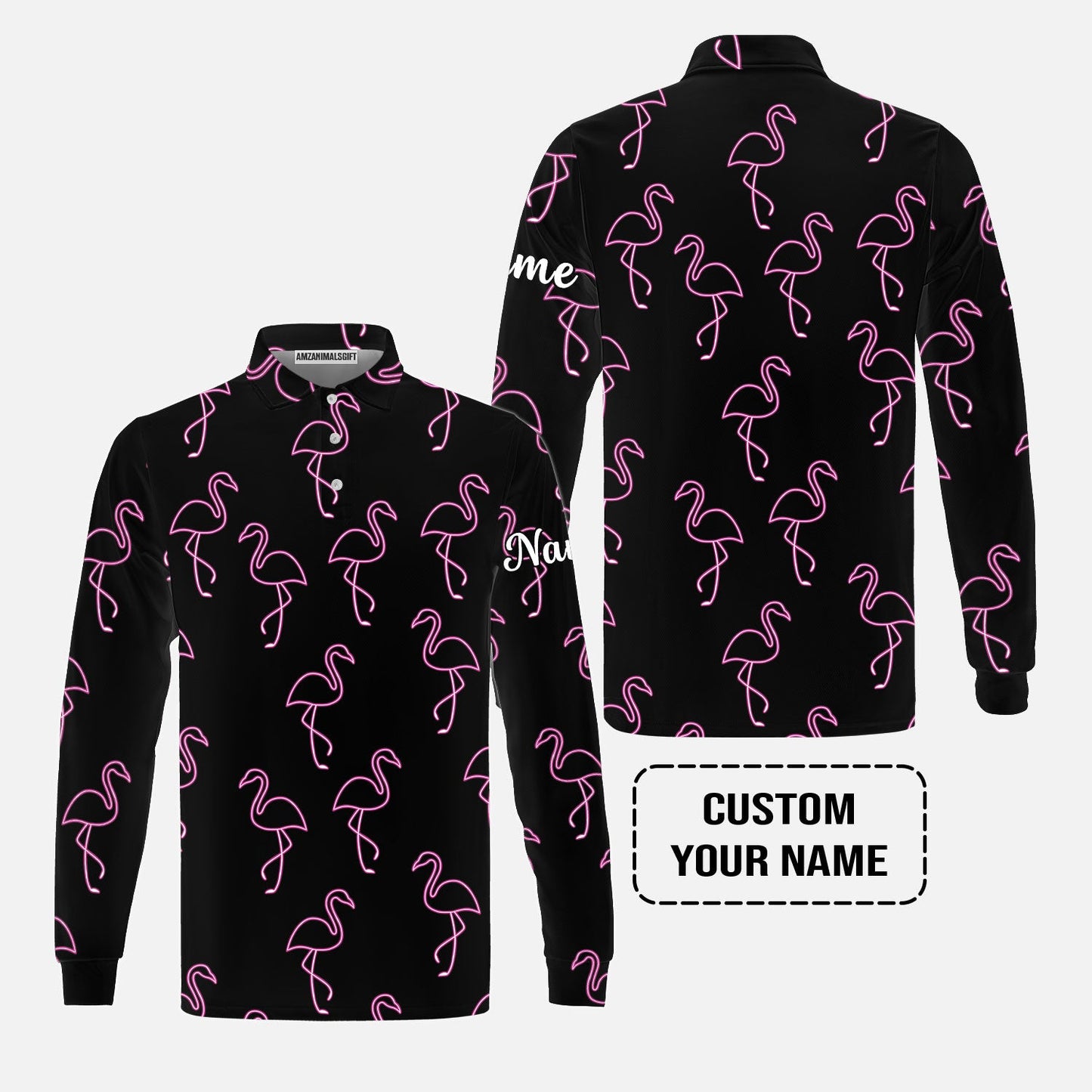 Flamingo Golf Men Polo Shirt - Custom Name Neon Pink Flamingos Pattern Apparel - Personalized Gift For Golf Lover, Team, Husband, Boyfriend, Men