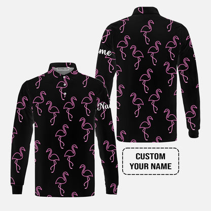 Flamingo Golf Men Polo Shirt - Custom Name Neon Pink Flamingos Pattern Apparel - Personalized Gift For Golf Lover, Team, Husband, Boyfriend, Men