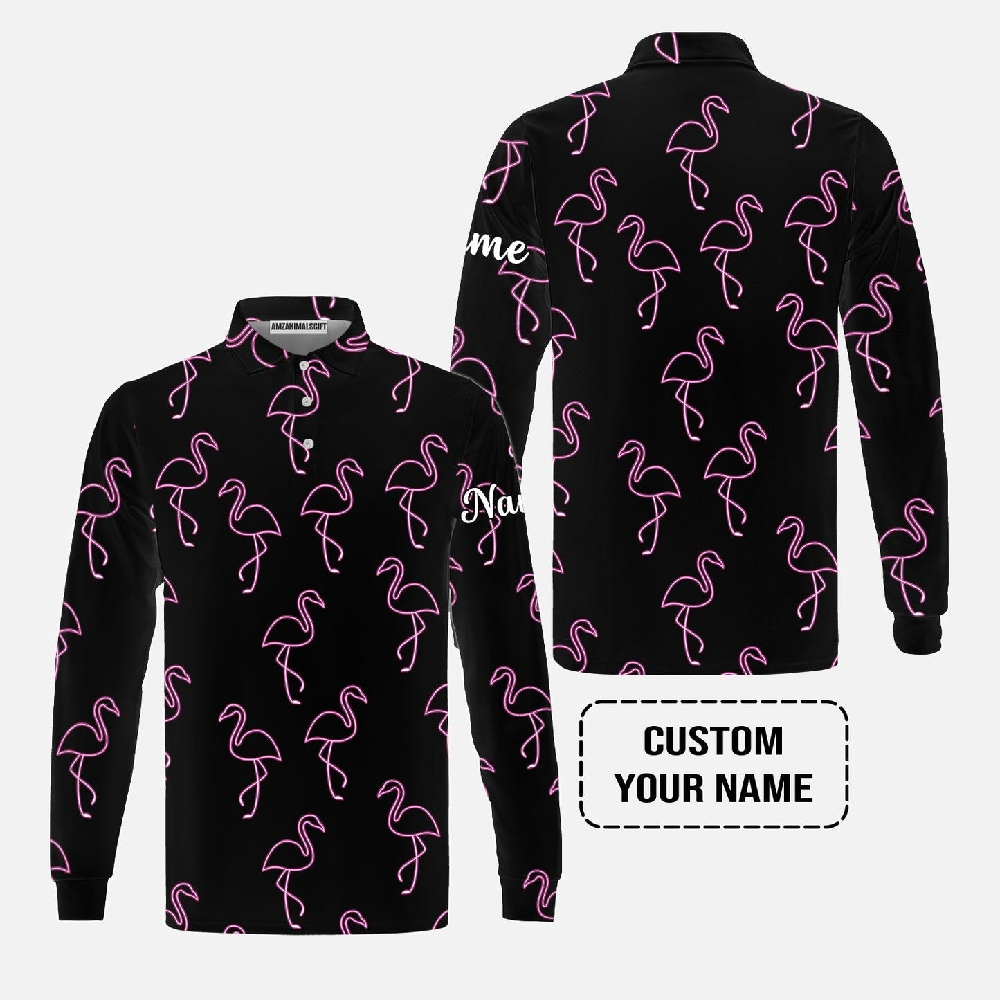 Flamingo Golf Sweatshirt - Custom Name Neon Pink Flamingos Pattern Apparel - Personalized Gift For Golf Lover, Team, Husband, Boyfriend, Men