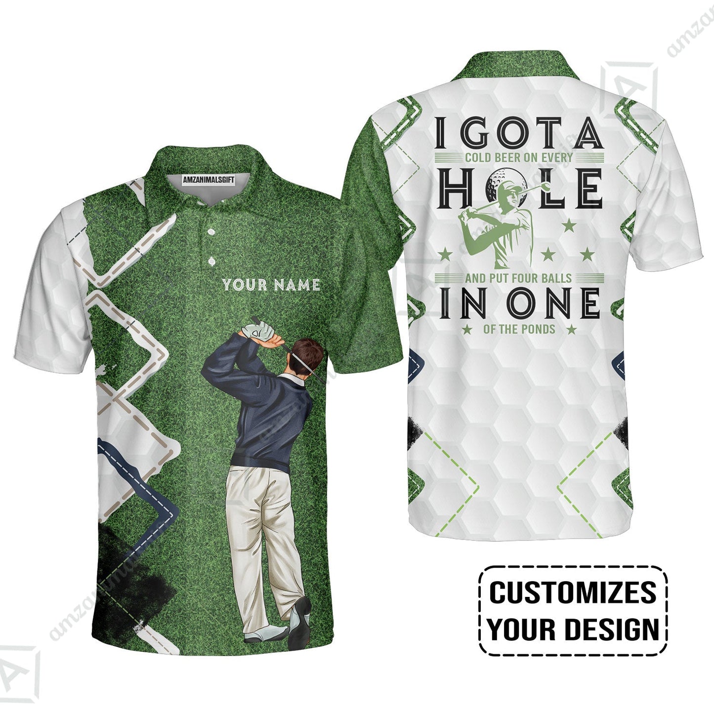 Golf Custom Polo Shirt, Green Argyle Golf Men Polo Shirt, I Got A Cold Beer On Every Hole In One Golf Personalized Polo Shirts