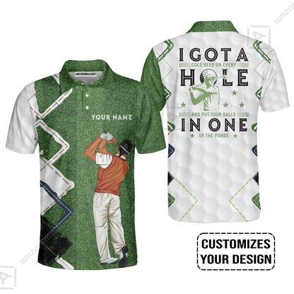 Golf Custom Polo Shirt, Green Argyle Golf Men Polo Shirt, I Got A Cold Beer On Every Hole In One Golf Personalized Polo Shirts