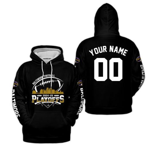 Baltimore American Football 2024-25 Playoffs Skyline Custom Hoodie, Baltimore Football Game Day Playoffs Division Custom Hoodie Shirts