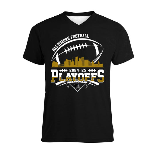 Baltimore American Football 2024-25 Playoffs Skyline V-neck Shirt, Baltimore Football Game Day Playoffs Division V-neck Shirts