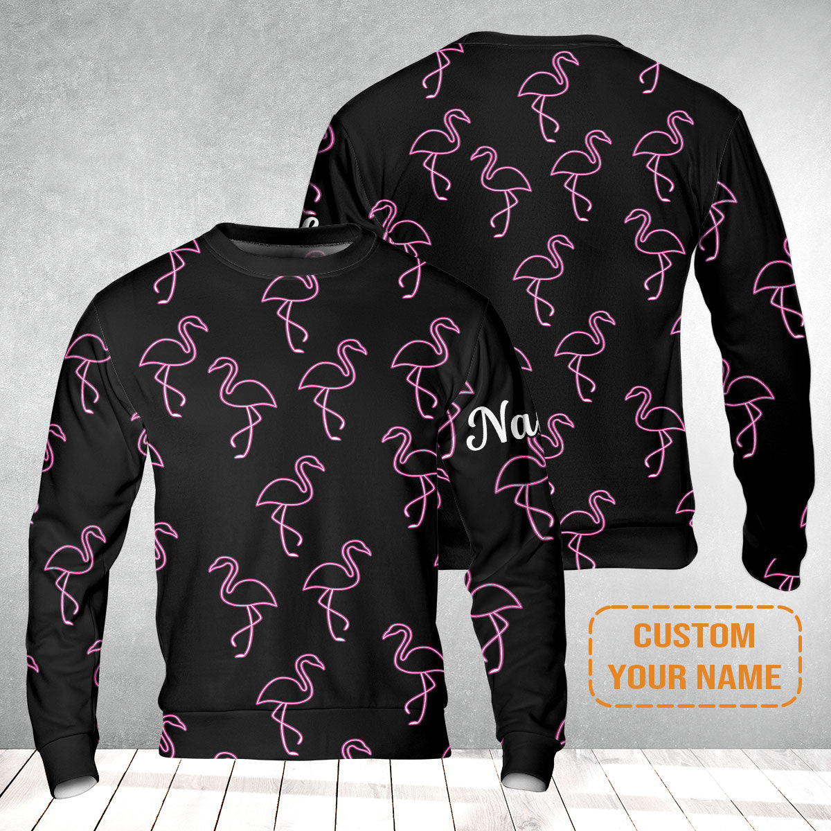 Flamingo Golf Sweatshirt - Custom Name Neon Pink Flamingos Pattern Apparel - Personalized Gift For Golf Lover, Team, Husband, Boyfriend, Men