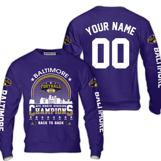 Baltimore Football 2024 AFC North Division Champions Skyline Custom Sweatshirt, 2024 AFC North Champs Champions Custom Double Sided Sweatshirt