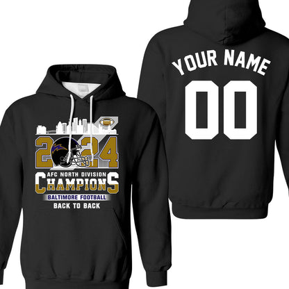 2024 Baltimore Football AFC North Division Champions Skyline Double Sided Shirts, 2024 AFC North Champs 2 Sided Custom Shirts