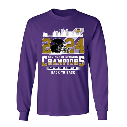 2024 Baltimore Football AFC North Division Champions Skyline Long Sleeve Shirt, 2024 AFC North Champs Long Sleeve Shirts For Baltimore Football Fans