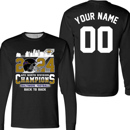 2024 Baltimore Football AFC North Division Champions Skyline Double Sided Shirts, 2024 AFC North Champs 2 Sided Custom Shirts