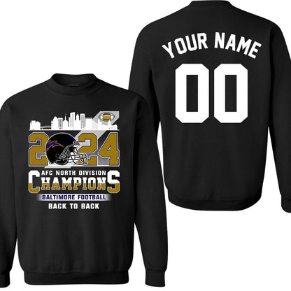 2024 Baltimore Football AFC North Division Champions Skyline Double Sided Shirts, 2024 AFC North Champs 2 Sided Custom Shirts