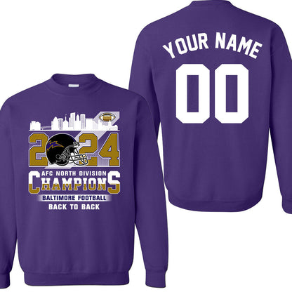 2024 Baltimore Football AFC North Division Champions Skyline Double Sided Shirts, 2024 AFC North Champs 2 Sided Custom Shirts