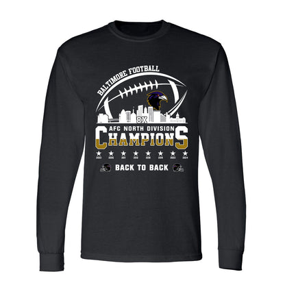Baltimore Football 2024 AFC North Division Champions Skyline V-neck Shirt, 2024 AFC North Champs V-neck Shirts For Baltimore Football Fans