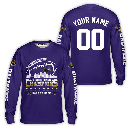 Custom Baltimore Football 2024 AFC North Division Champions Skyline Long Sleeve, 2024 AFC North Champs Champions Custom Double Sided Long Sleeve Shirt
