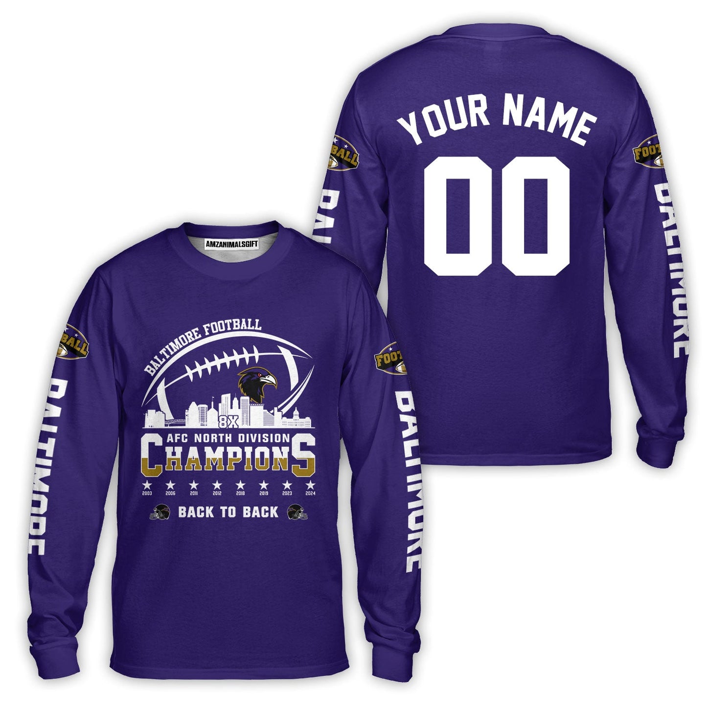 Custom Baltimore Football 2024 AFC North Division Champions Skyline Hoodie, 2024 AFC North Champs Champions Custom Double Sided Hoodie