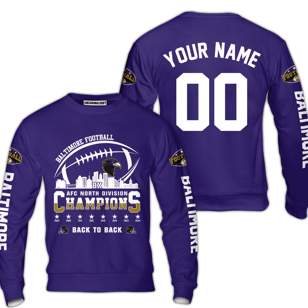Custom Baltimore Football 2024 AFC North Division Champions Skyline Hoodie, 2024 AFC North Champs Champions Custom Double Sided Hoodie