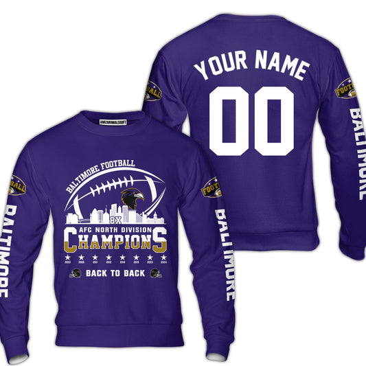 Custom Baltimore Football 2024 AFC North Division Champions Skyline Sweatshirt, 2024 AFC North Champs Champions Custom Double Sided Sweatshirt